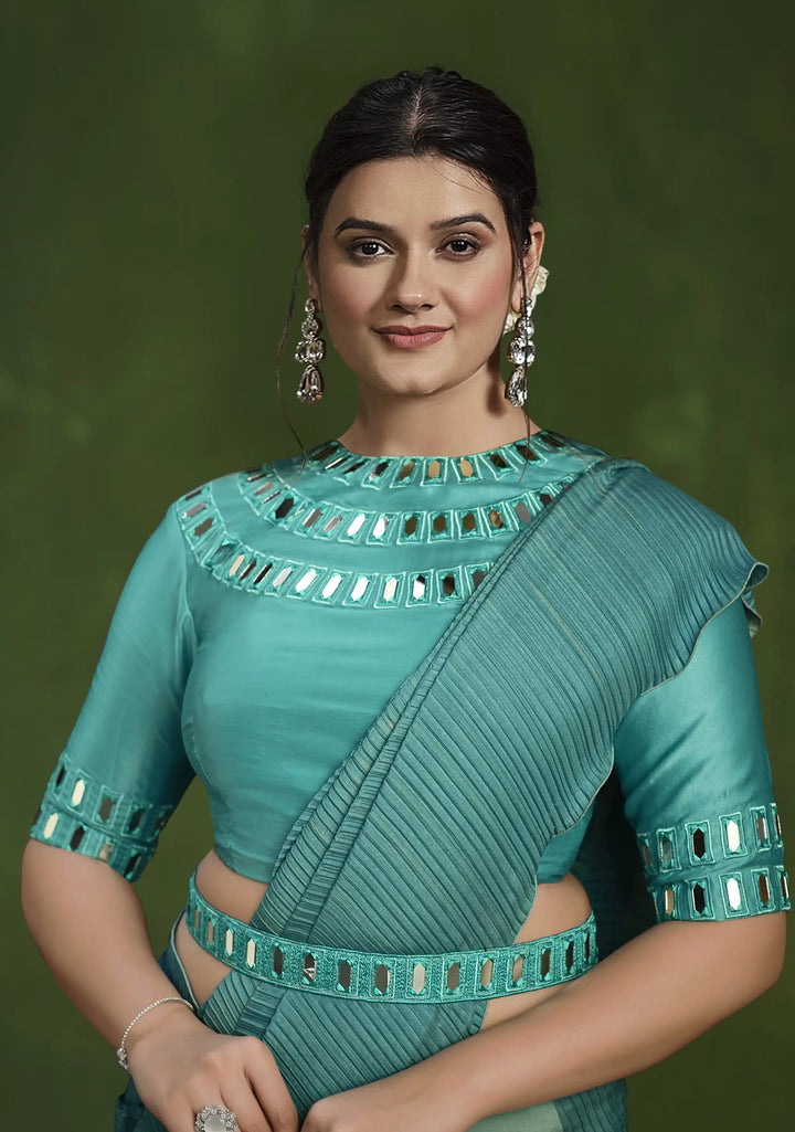 Rama Georgette Saree with Malai Satin Blouse & Mirror Threads
