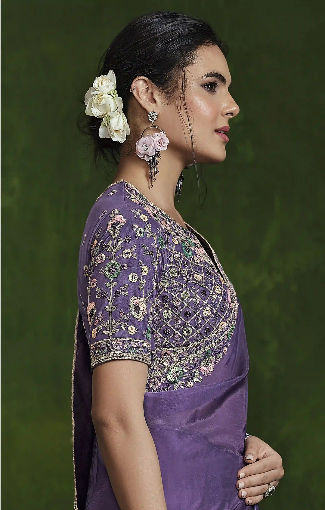 Designer Purple Silk Saree with Sequin Work & Satin Silk Blouse
