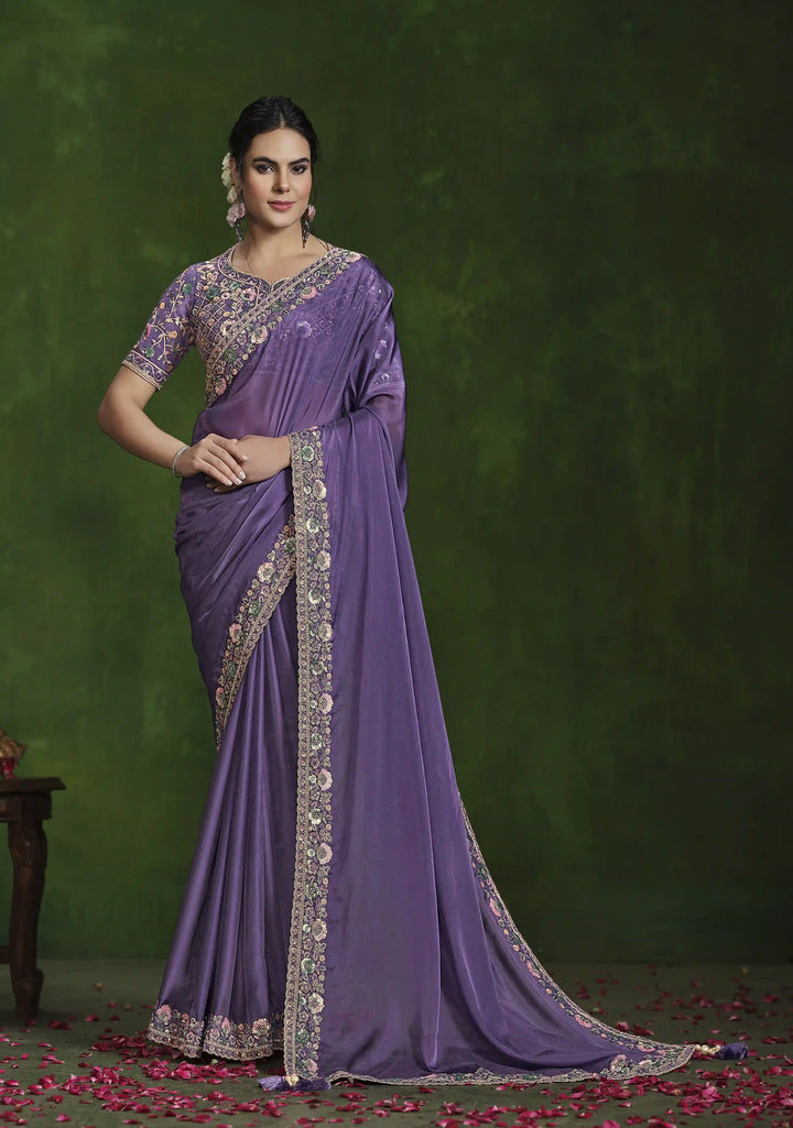 Designer Purple Silk Saree with Sequin Work & Satin Silk Blouse