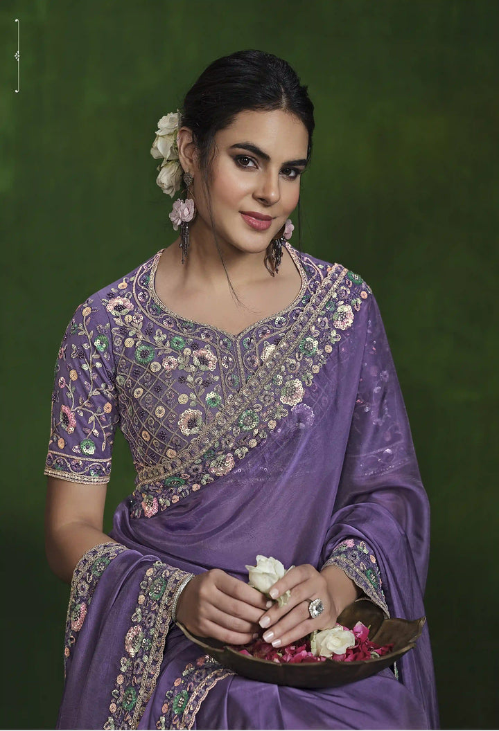 Designer Purple Silk Saree with Sequin Work & Satin Silk Blouse