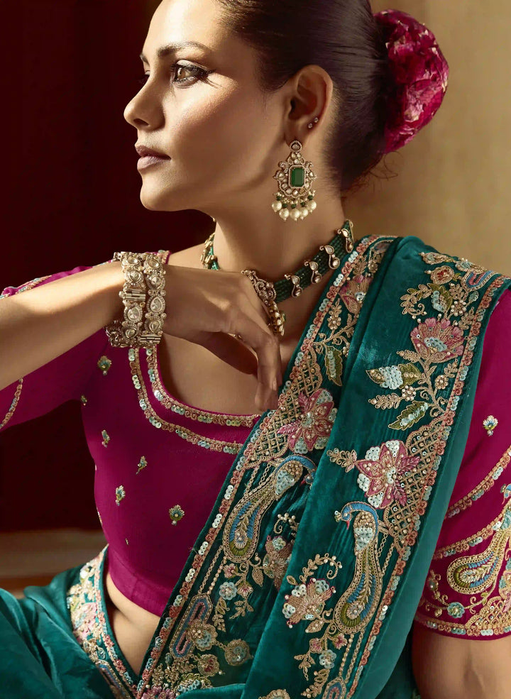 Dazzling Teal Blue Party Wear Fancy Saree with Embroidery and Sequins Work