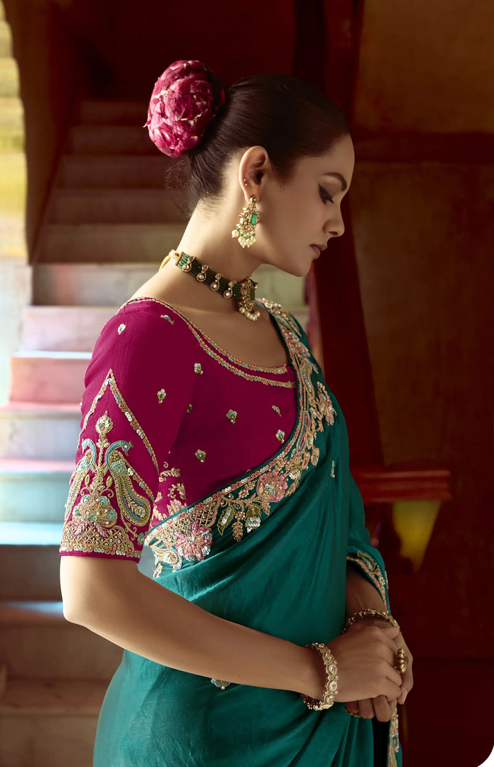 Dazzling Teal Blue Party Wear Fancy Saree with Embroidery and Sequins Work