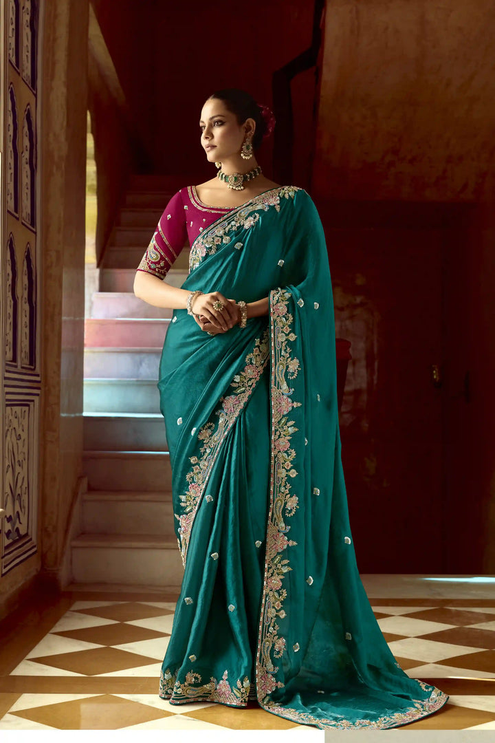 Dazzling Teal Blue Party Wear Fancy Saree with Embroidery and Sequins Work
