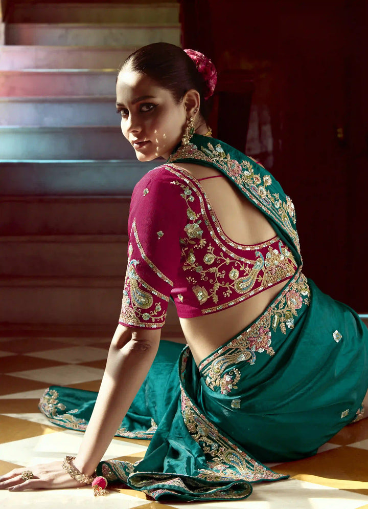 Dazzling Teal Blue Party Wear Fancy Saree with Embroidery and Sequins Work