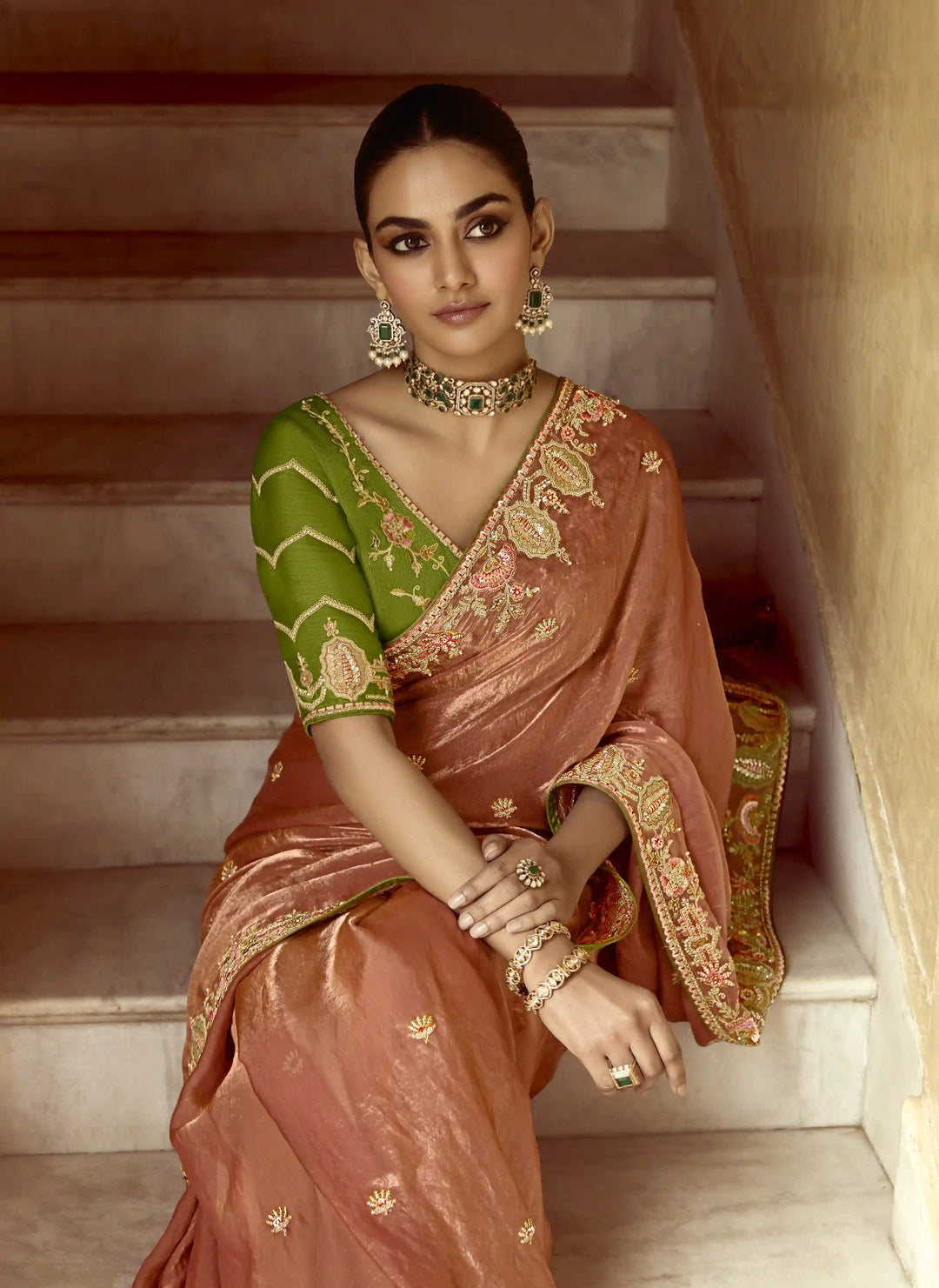 Designer Fancy Peach Saree with Rich Embroidery Perfect for Party Wear