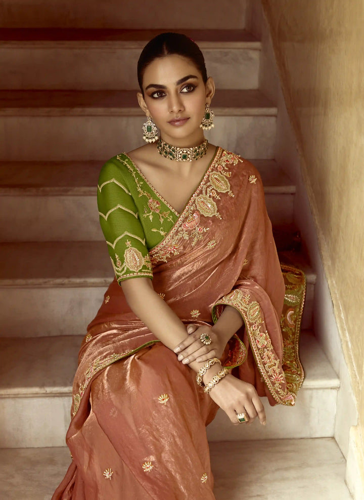 Designer Fancy Peach Saree with Rich Embroidery Perfect for Party Wear