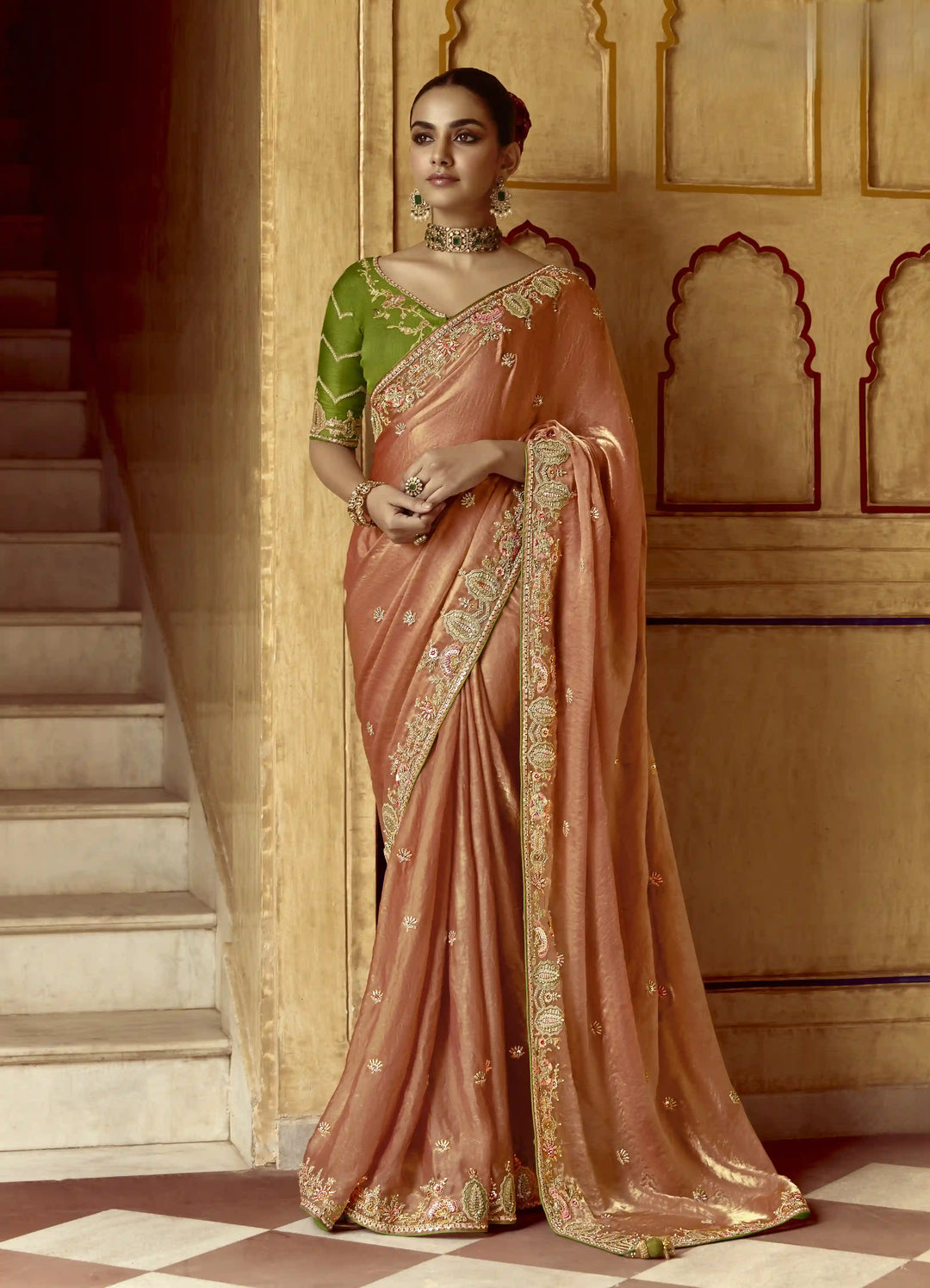 Designer Fancy Peach Saree with Rich Embroidery Perfect for Party Wear
