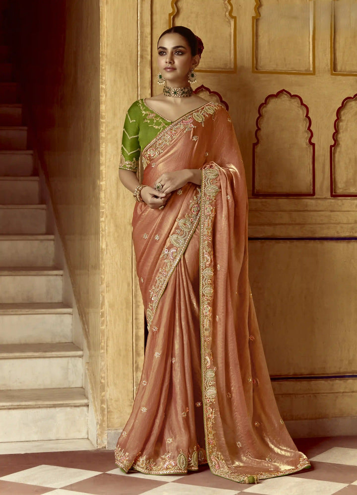 Designer Fancy Peach Saree with Rich Embroidery Perfect for Party Wear