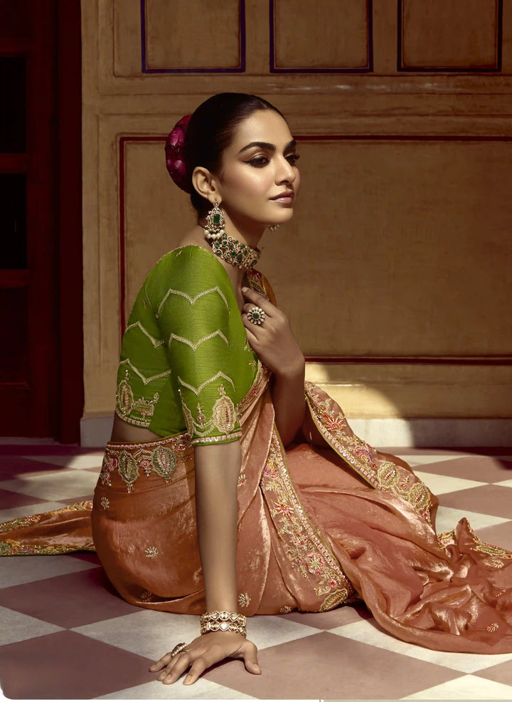 Designer Fancy Peach Saree with Rich Embroidery Perfect for Party Wear
