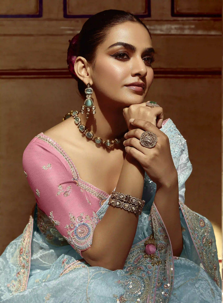 Designer Sky-Blue Saree with Thread Embroidery & Sequins Work