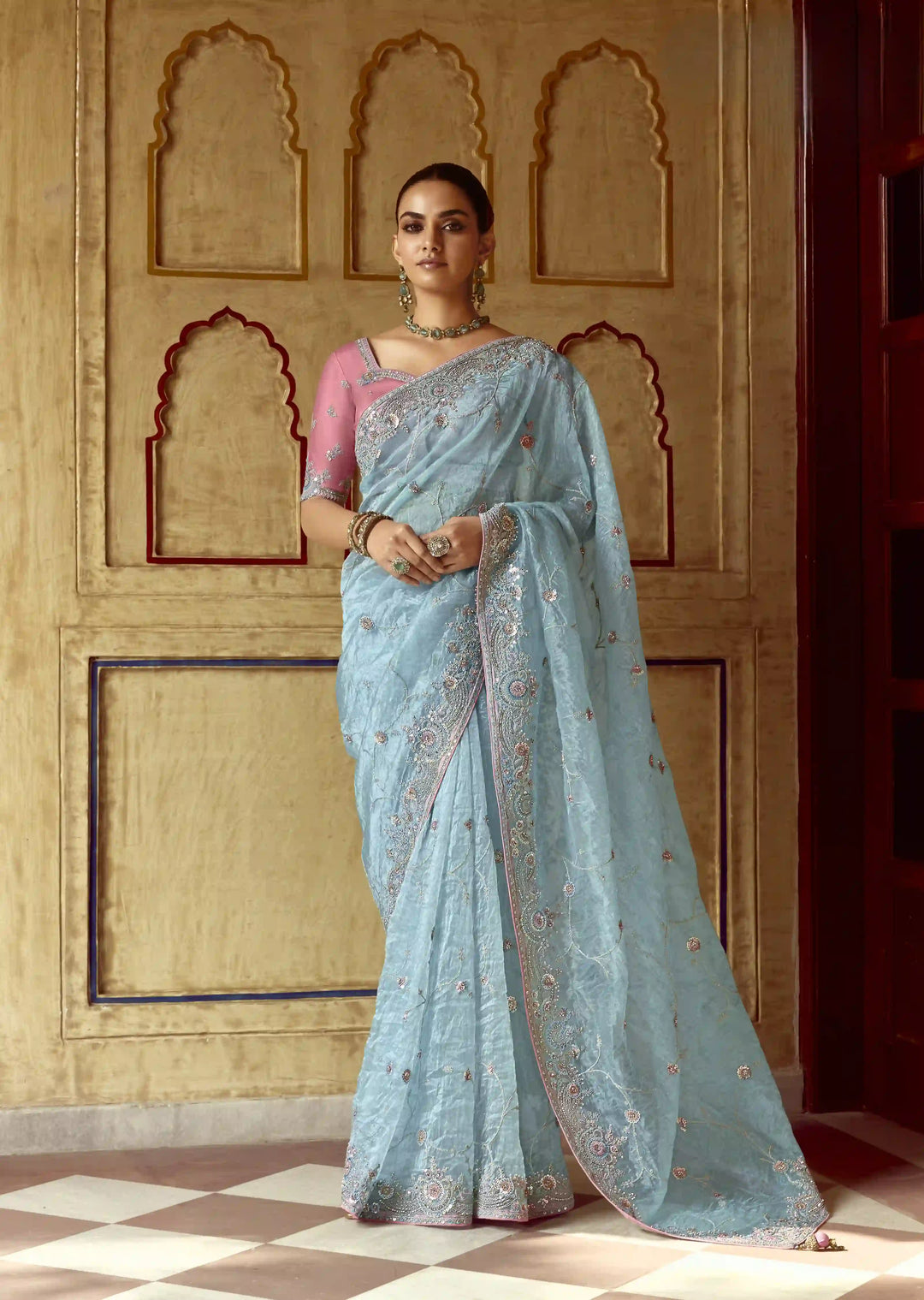 Designer Sky-Blue Saree with Thread Embroidery & Sequins Work