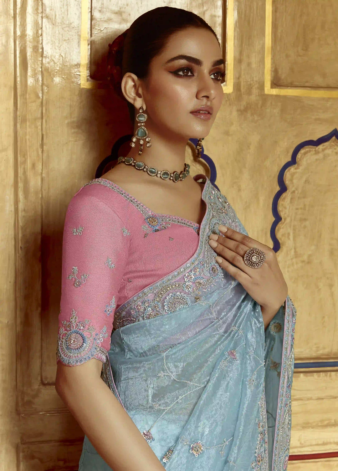 Designer Sky-Blue Saree with Thread Embroidery & Sequins Work