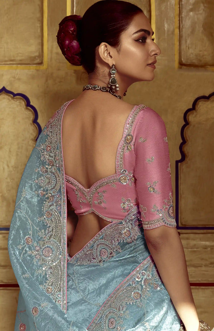 Designer Sky-Blue Saree with Thread Embroidery & Sequins Work
