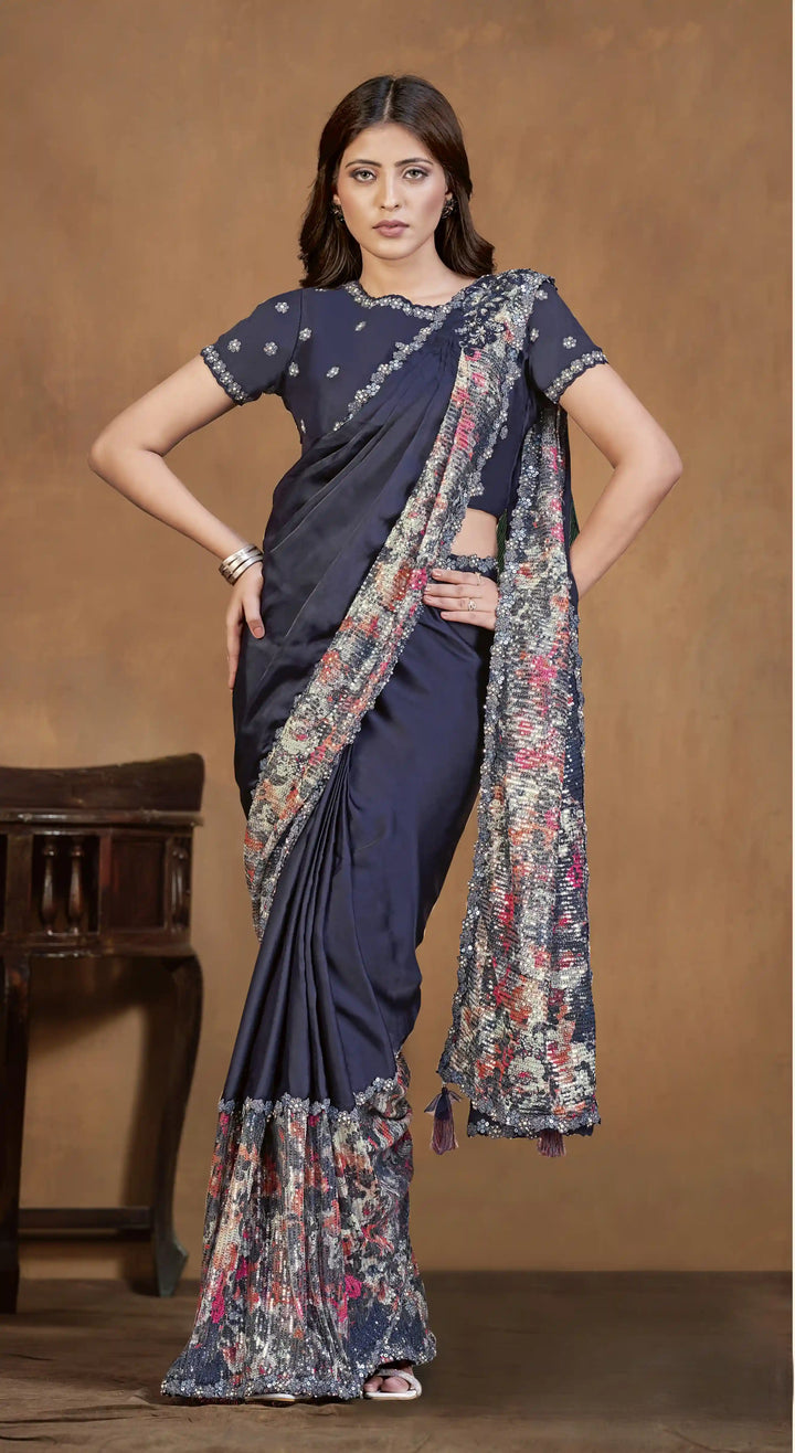 Premium Navy Crepe Saree with Taffeta Blouse & Elegant Work