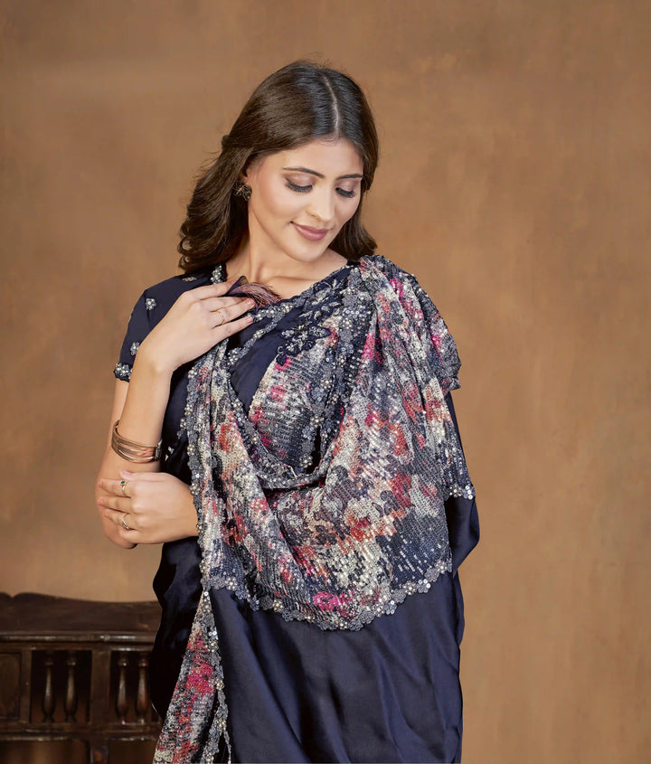 Premium Navy Crepe Saree with Taffeta Blouse & Elegant Work