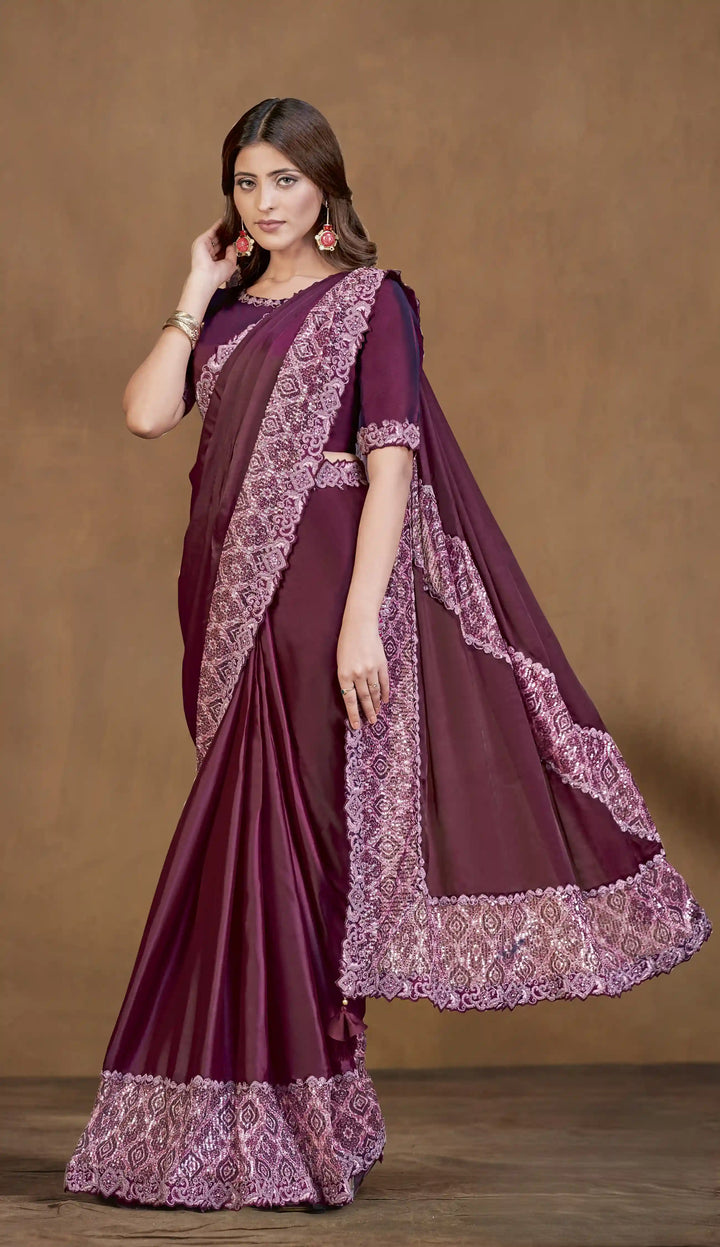 Chic Wine Crepe Saree with Sequin Detailing & Embroidery