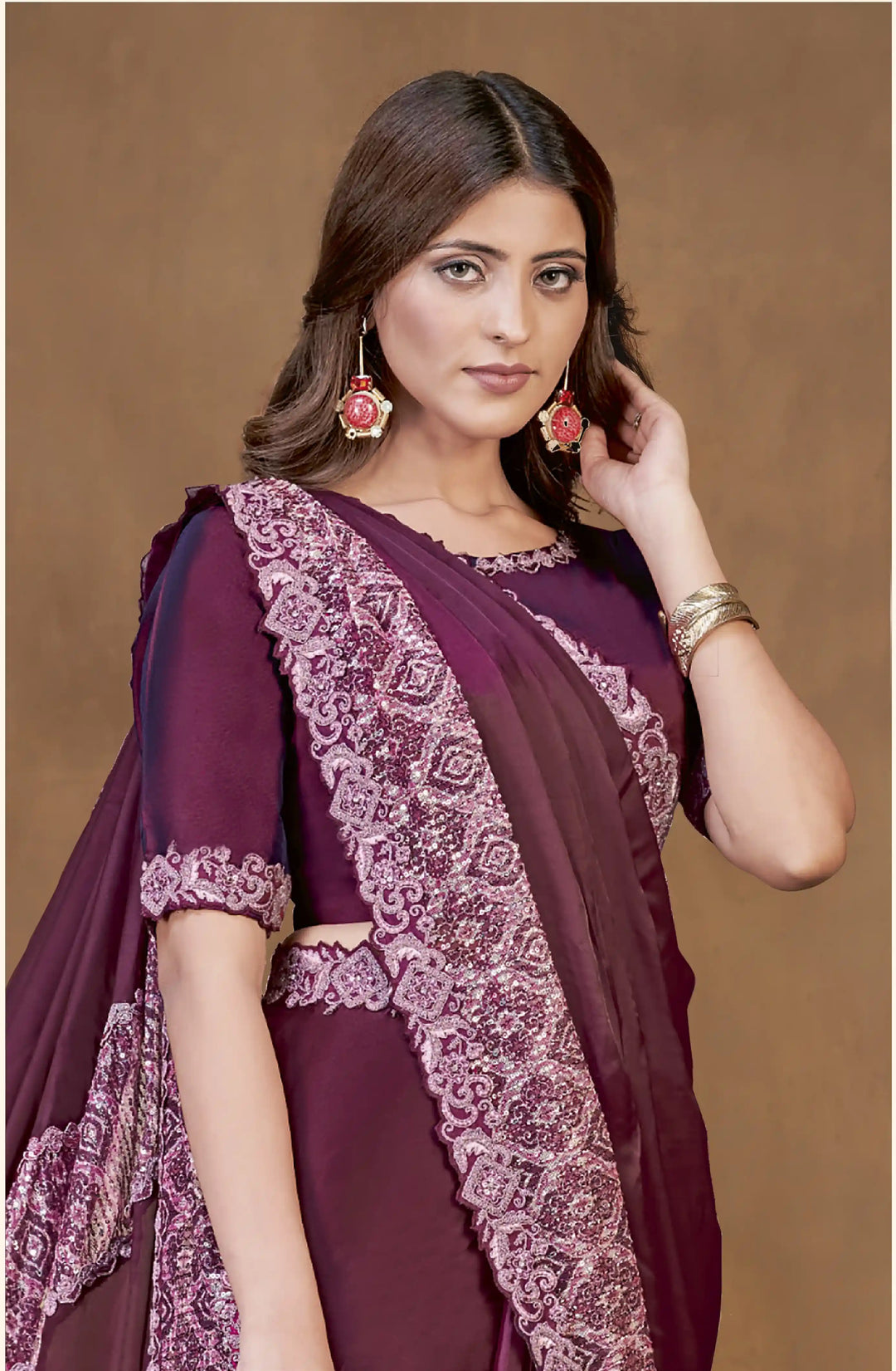 Chic Wine Crepe Saree with Sequin Detailing & Embroidery