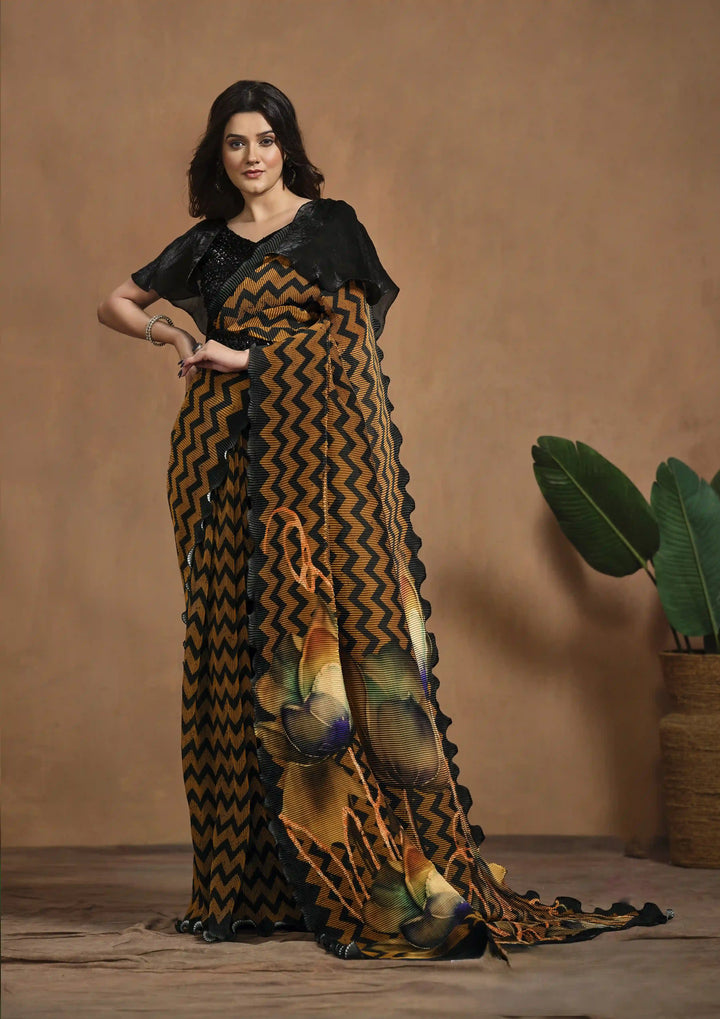 Glam Mustard Silk Saree with Digital Print and Fine Embellish