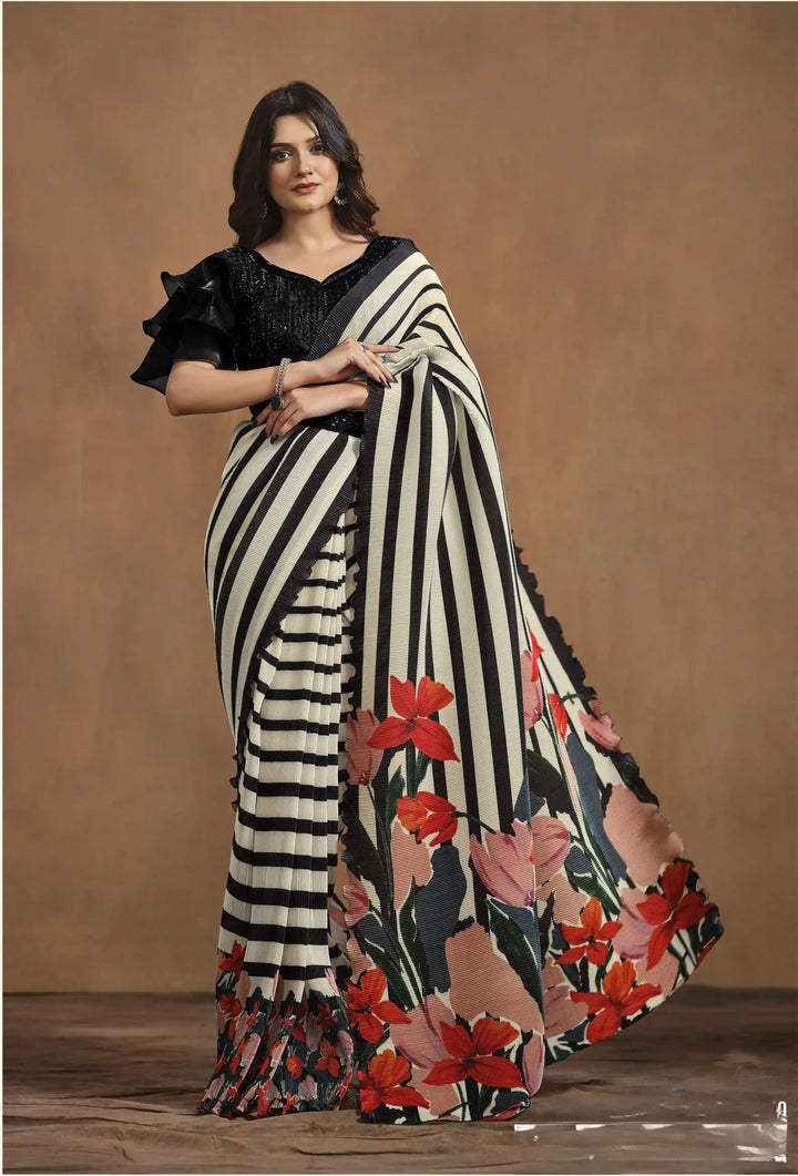 Elegant Tissue Blouse with Off-White Satin Silk Saree