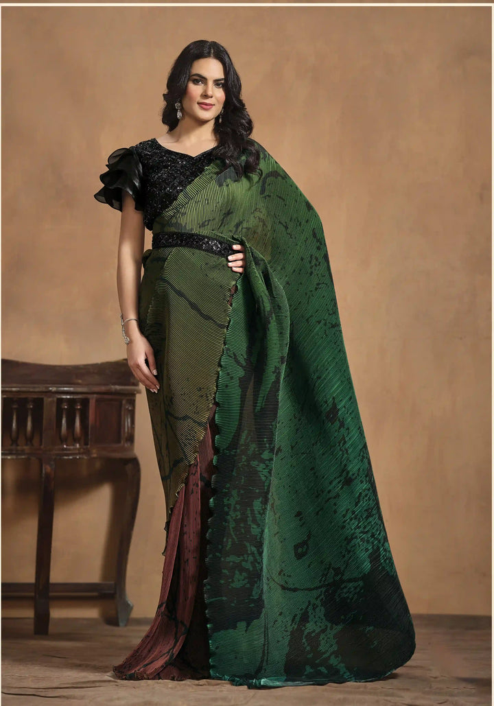 Radiant Green Satin Silk Saree with Stylish Tissue Blouse
