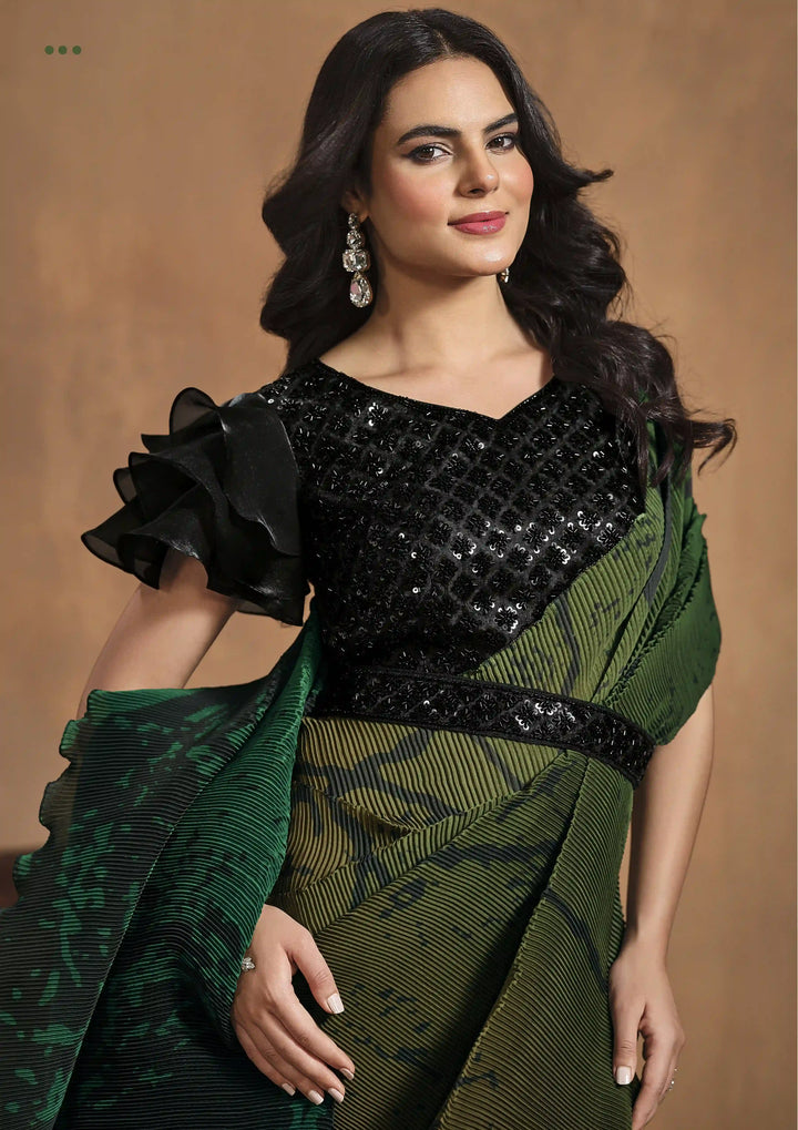 Radiant Green Satin Silk Saree with Stylish Tissue Blouse