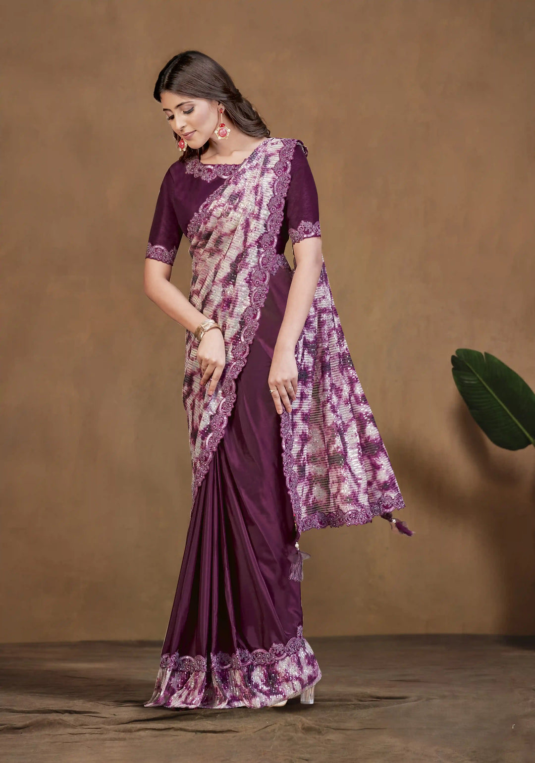 Lavish Purple Saree in Satin Silk with Raw Silk Blouse & Sequence Design