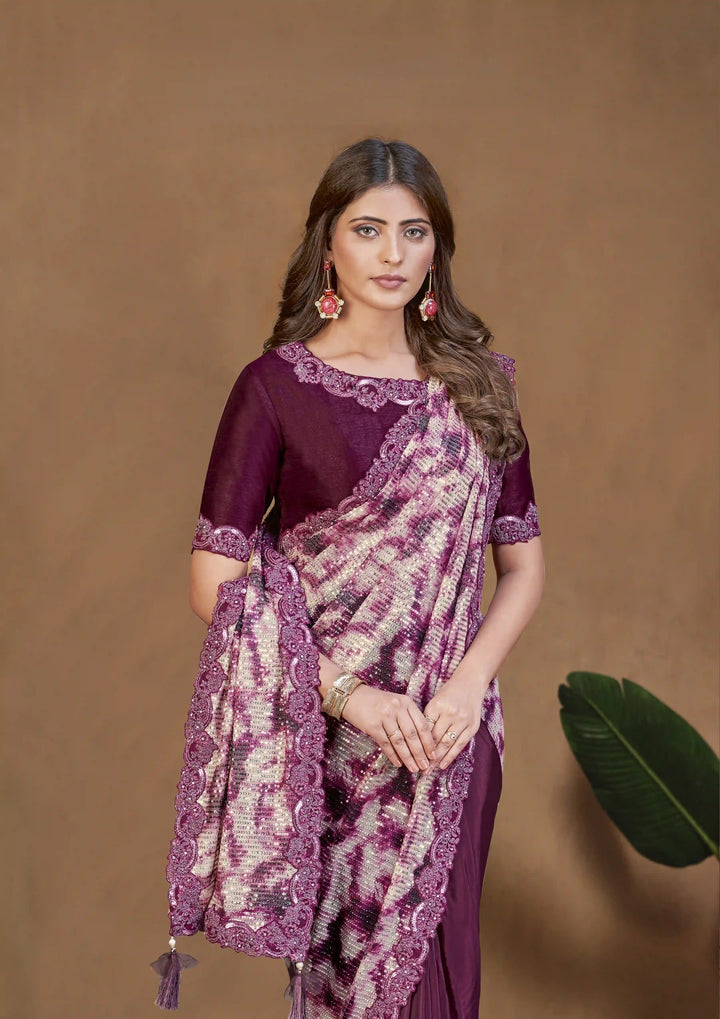 Lavish Purple Saree in Satin Silk with Raw Silk Blouse & Sequence Design