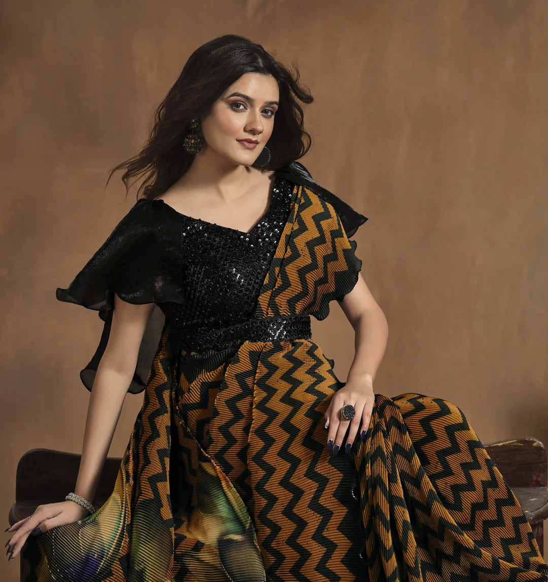 Glam Mustard Silk Saree with Digital Print and Fine Embellish