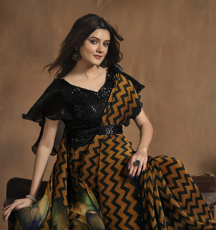Glam Mustard Silk Saree with Digital Print and Fine Embellish
