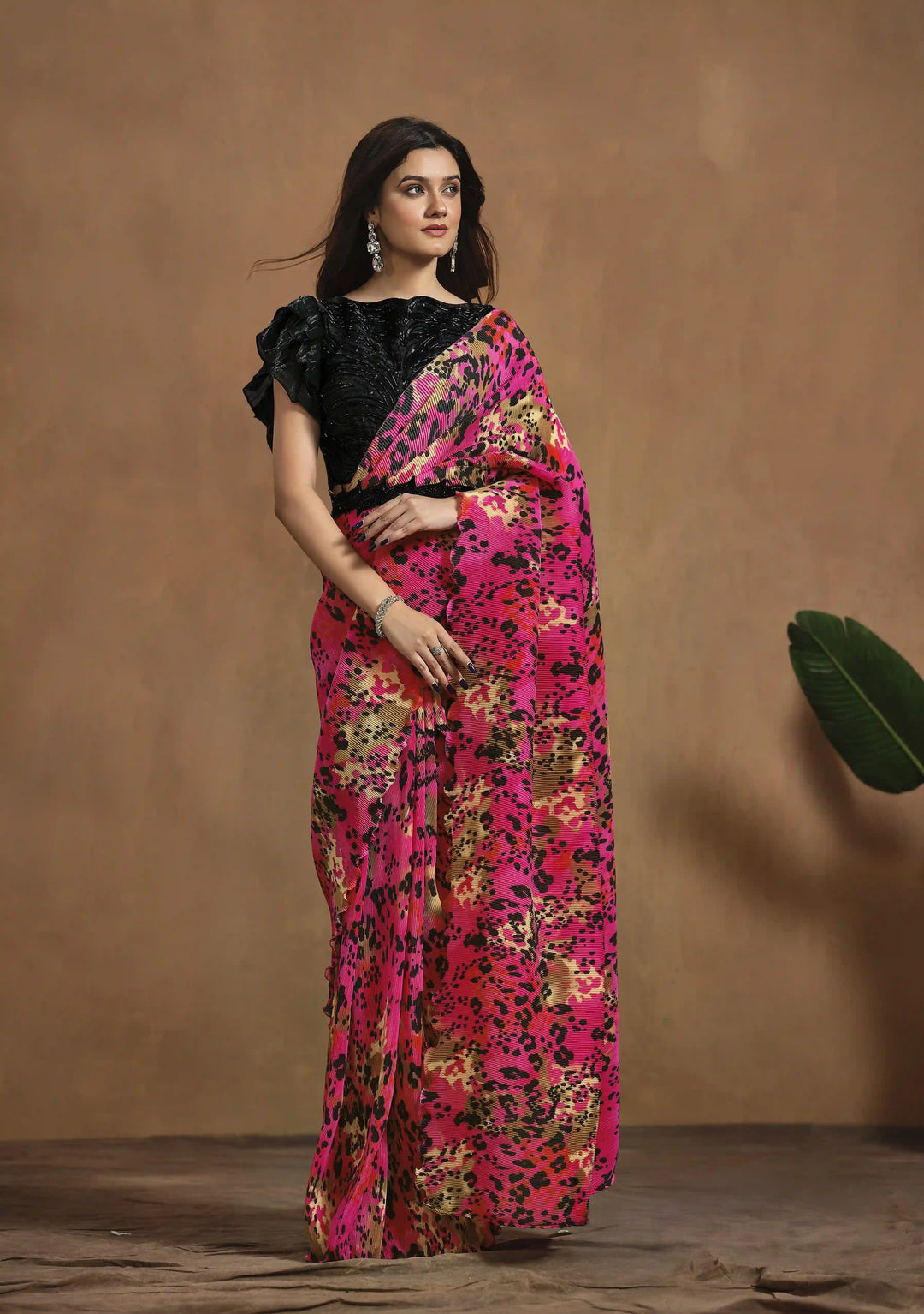 Glamorous Rani Pink Satin Silk Saree with Digital Hand Work