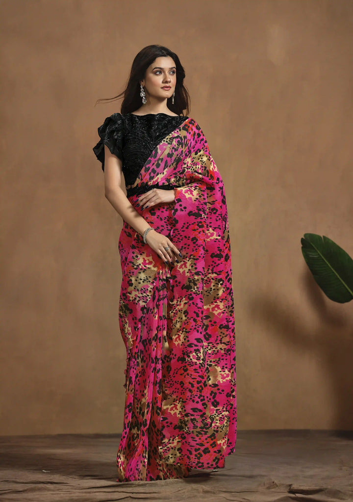 Glamorous Rani Pink Satin Silk Saree with Digital Hand Work