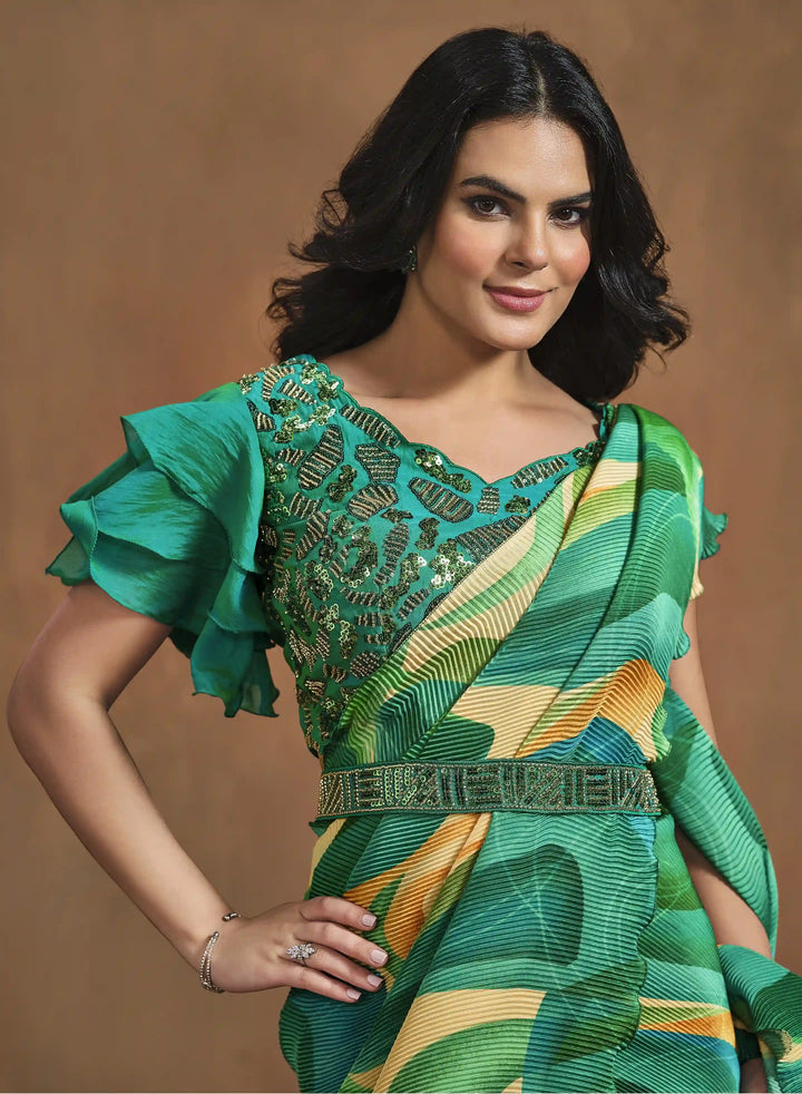Stunning Green Saree in Satin Silk with Designer Blouse