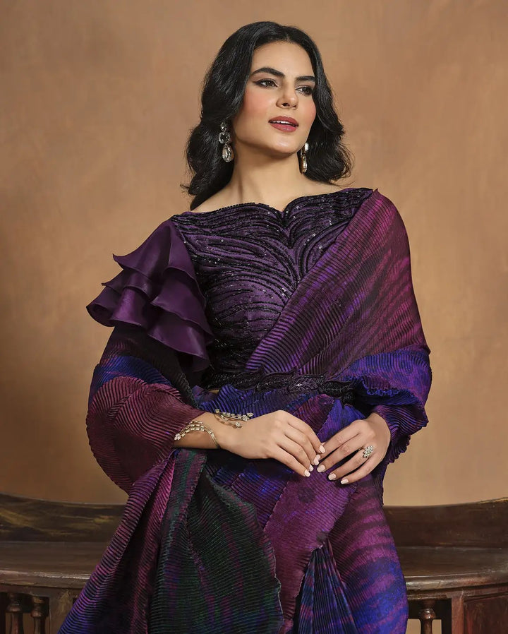 Violet Satin Silk Saree with Digital Print & Hand Work