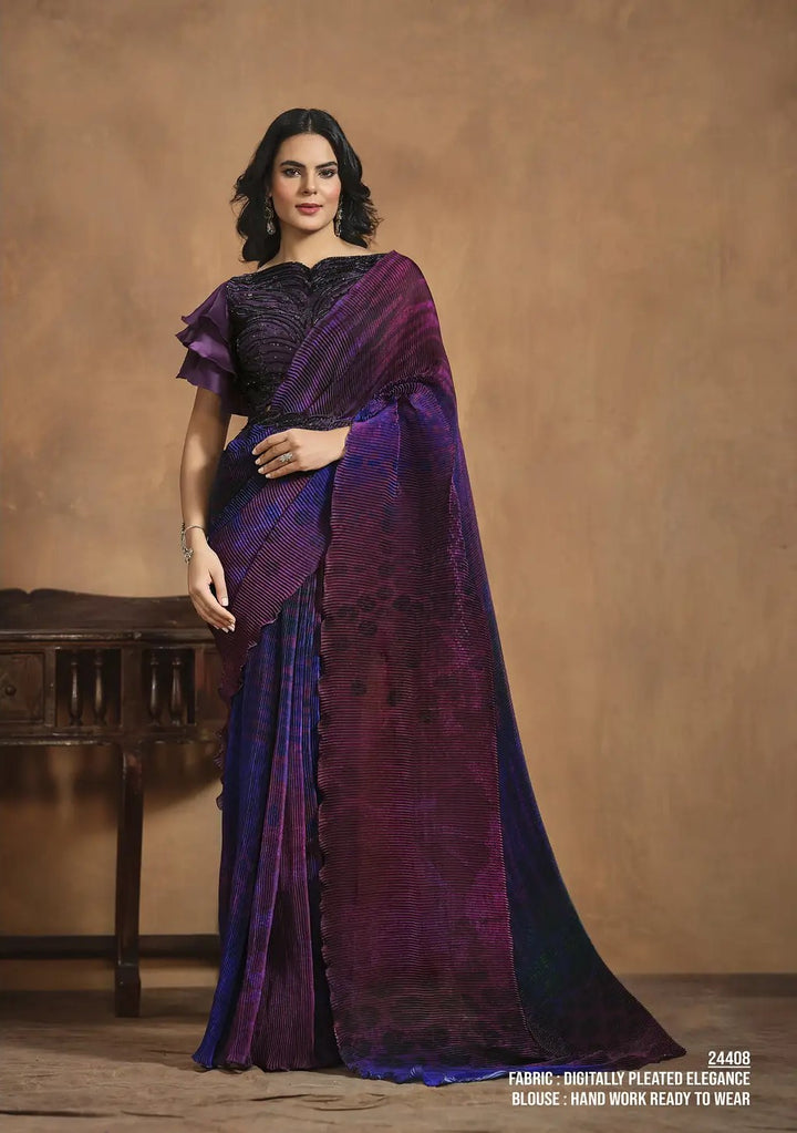 Violet Satin Silk Saree with Digital Print & Hand Work