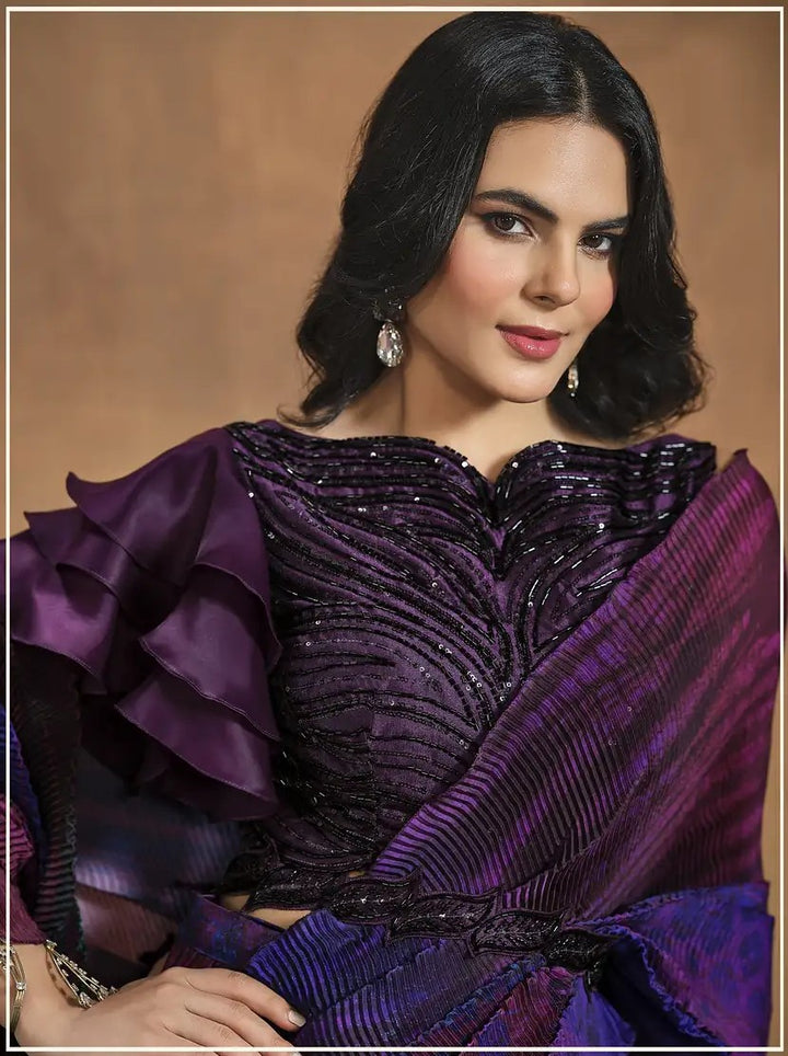 Violet Satin Silk Saree with Digital Print & Hand Work