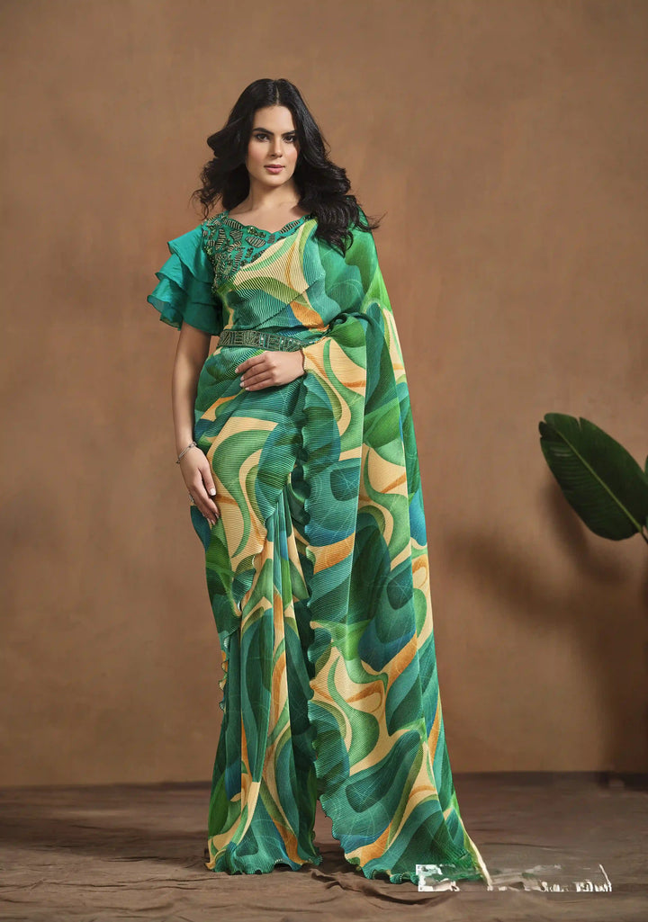 Stunning Green Saree in Satin Silk with Designer Blouse