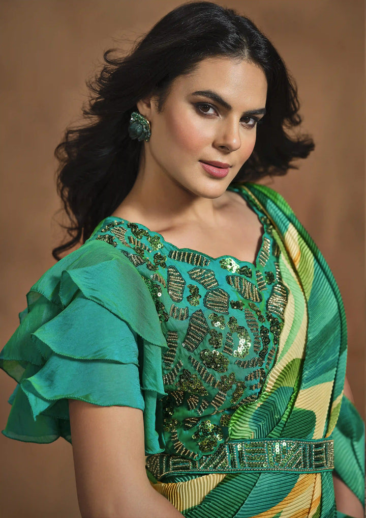 Stunning Green Saree in Satin Silk with Designer Blouse