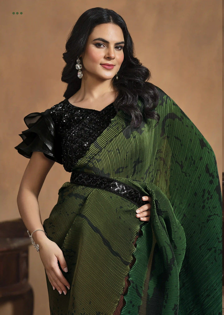 Radiant Green Satin Silk Saree with Stylish Tissue Blouse