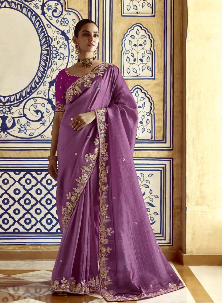 Fancy Lavender Saree Embroidered Work & Elegant Party Wear