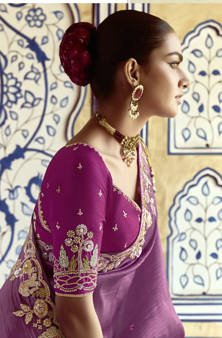 Fancy Lavender Saree Embroidered Work & Elegant Party Wear