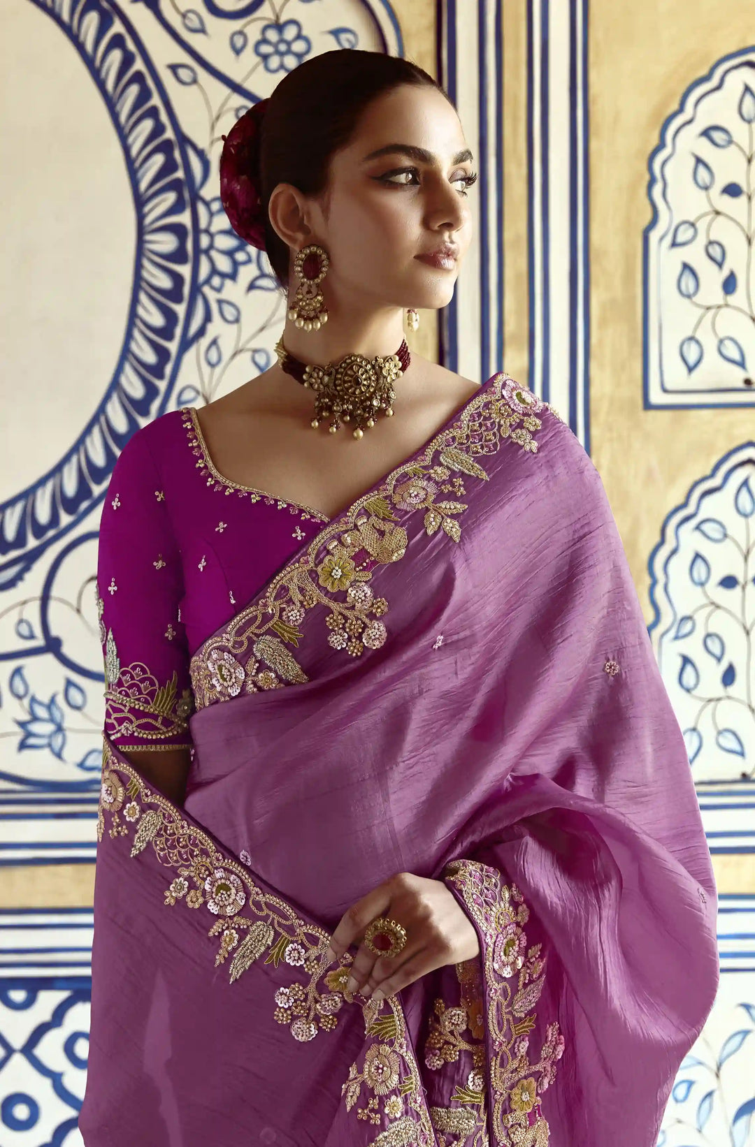 Fancy Lavender Saree Embroidered Work & Elegant Party Wear