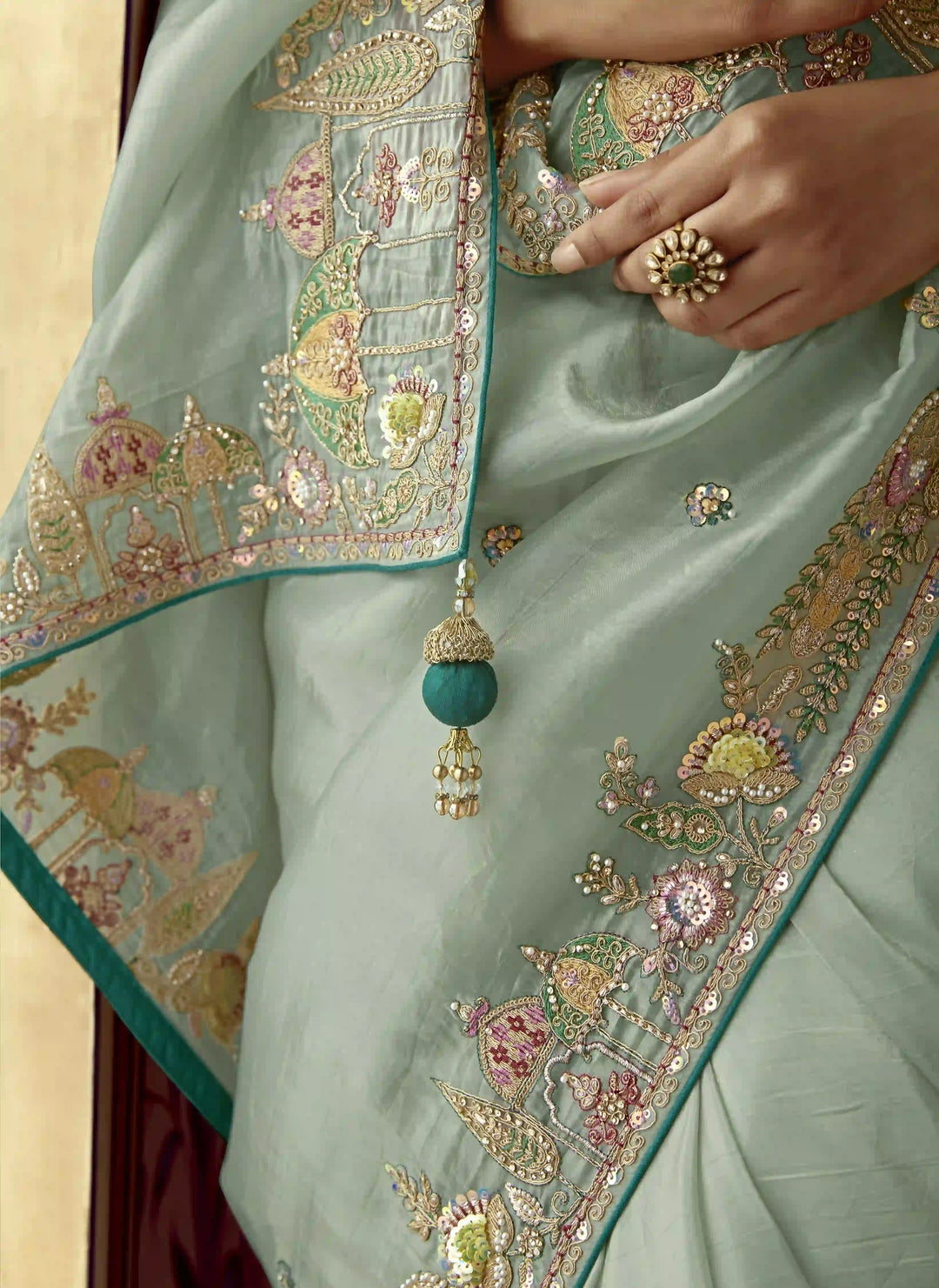 Glamorous Sea Green Embroidered Saree for Special Occasions