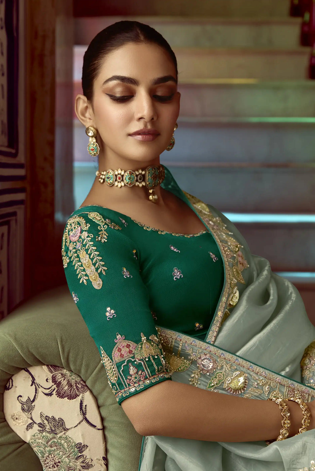 Glamorous Sea Green Embroidered Saree for Special Occasions