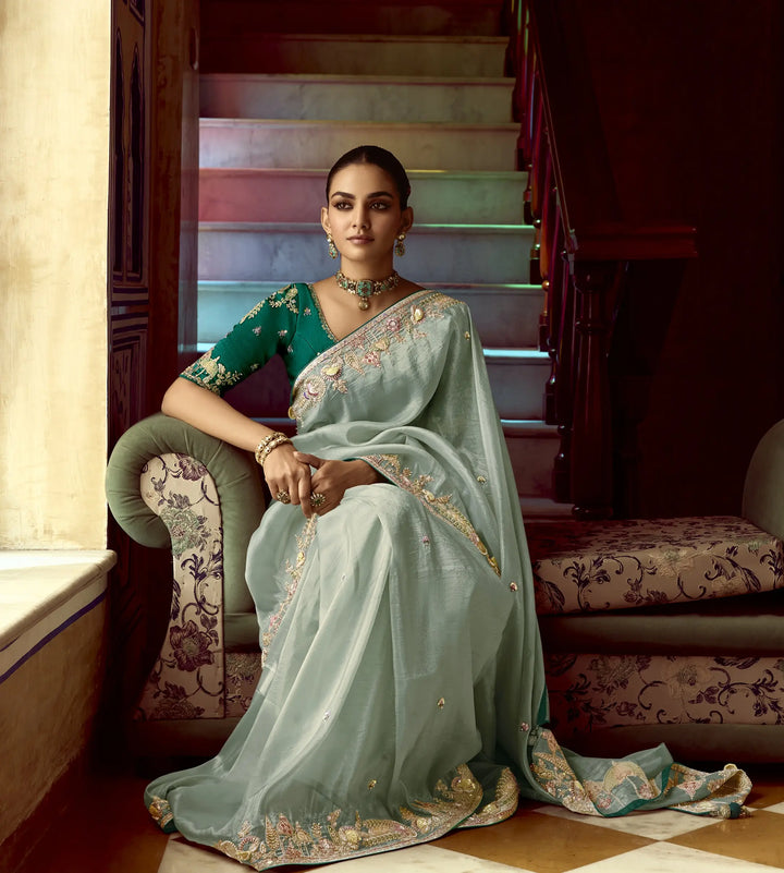 Glamorous Sea Green Embroidered Saree for Special Occasions