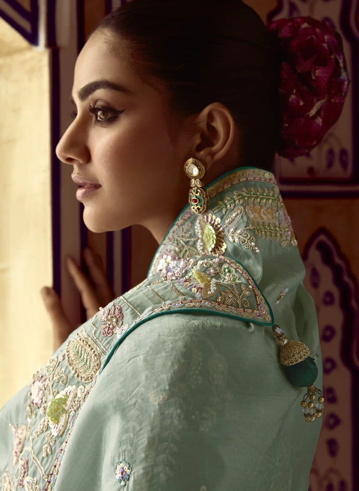 Glamorous Sea Green Embroidered Saree for Special Occasions