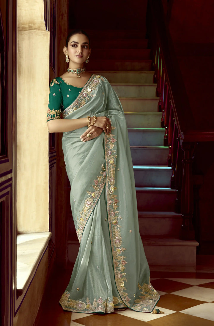Glamorous Sea Green Embroidered Saree for Special Occasions