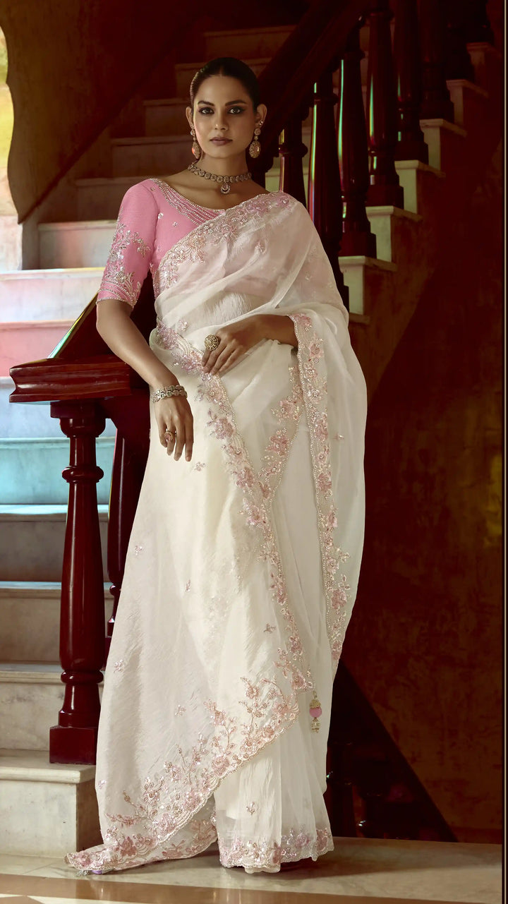 Stylish White Fancy Saree with Sequins Work for Festivals