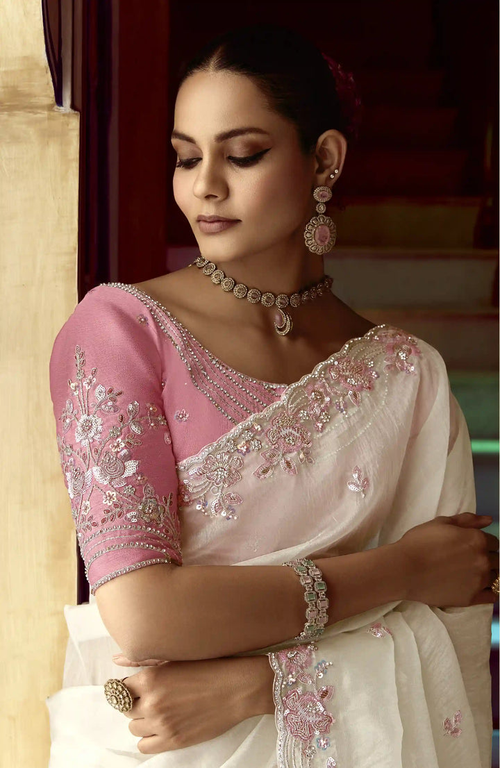 Stylish White Fancy Saree with Sequins Work for Festivals