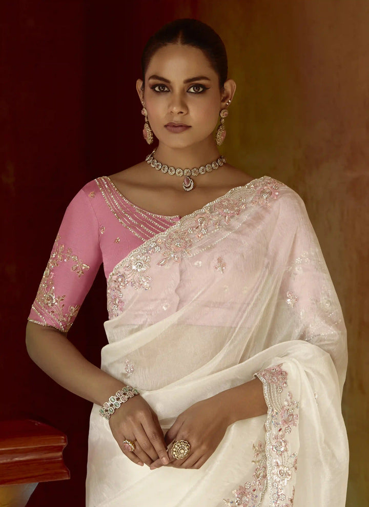 Stylish White Fancy Saree with Sequins Work for Festivals
