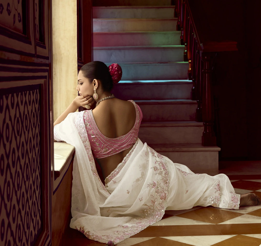 Stylish White Fancy Saree with Sequins Work for Festivals